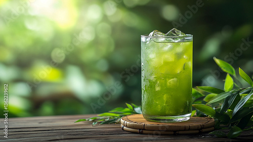 夏にぴったりの一杯 — 爽やかな冷たいグリーンティー/A Refreshing Glass of Iced Green Tea on a Summer Day Generative AI