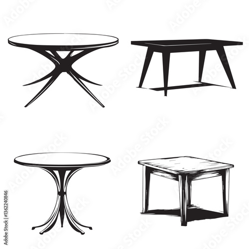 set of four different images of tables, vector, black and white graphics
