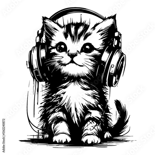 Cute kitten wearing headphones in a pencil drawing style  