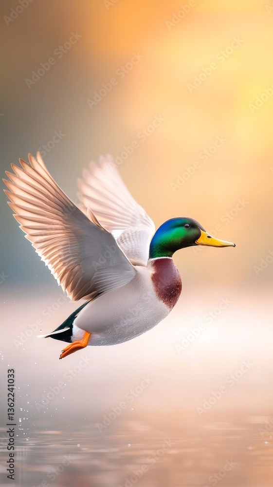 Obraz premium Mallard Duck in Flight at Sunrise Over Calm Water