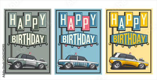 Birthday card for boys. happy birthday kids greeting card. Birthday poster with cars design. Happy birthday greeting poster. Trendy Birthday greeting card template for children.