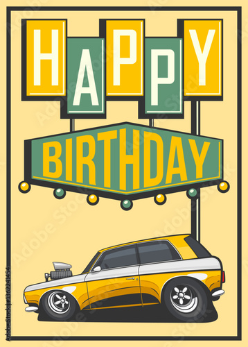 Birthday card for boys. happy birthday kids greeting card. Birthday poster with cars design. Happy birthday greeting poster. Trendy Birthday greeting card template for children.