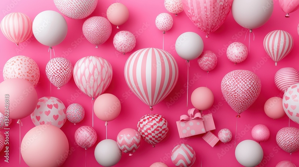 Fototapeta premium Colorful Pink Balloons and Gift Box Arranged on Pink Background