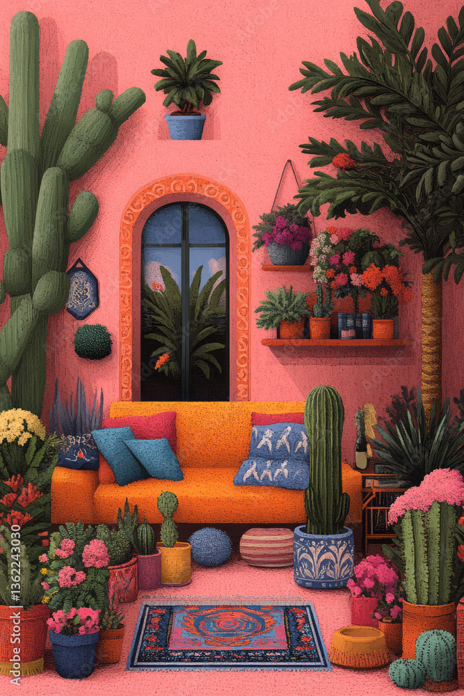 custom made wallpaper toronto digitalA vividly detailed illustration of a room bursting with eclectic furniture, lush tropical plants,