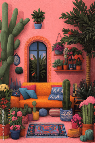 Wallpaper Mural A vividly detailed illustration of a room bursting with eclectic furniture, lush tropical plants, Torontodigital.ca