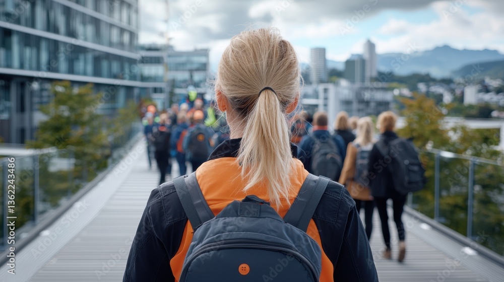 Group of people commuting together along a crowded urban walkway during a rainy autumn day in a busy city Group of people commuting together along a crowded urban walkway during a rainy autumn day in a busy city