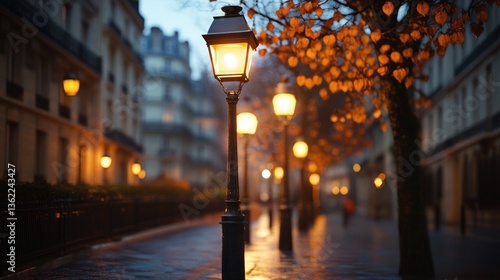 Fototapeta Naklejka Na Ścianę i Meble -  Paris beautiful street in the evening with lampposts