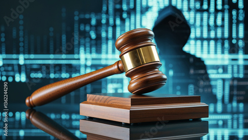 A wooden judge’s gavel with a golden band resting on a polished sound block, placed on a reflective surface. In the background, a glowing matrix of digital code and a hacker silhouette.