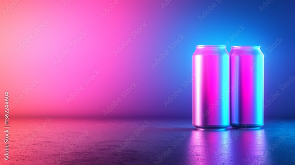 Two Metallic Cans in Vibrant Pink and Blue Neon Light Two Metallic Cans in Vibrant Pink and Blue Neon Light