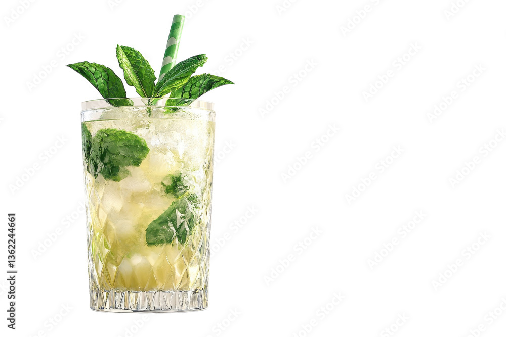 A Refreshing Mint Julep Cocktail, Perfect For A Summer Day, Served In A Diamond-patterned Glass With A Green Striped Straw Isolated on Transparent Background A Refreshing Mint Julep Cocktail, Perfect For A Summer Day, Served In A Diamond-patterned Glass With A Green Striped Straw Isolated on Transparent Background
