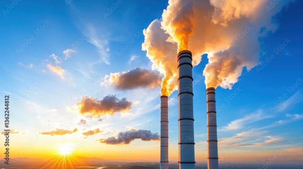 Fototapeta premium Smoke billowing from towering industrial chimneys against a backdrop of a dramatic colorful sunset sky with fluffy clouds
