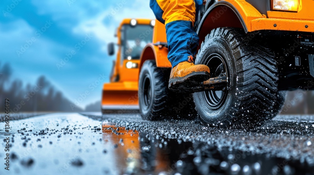 Hardworking construction worker operating heavy excavator to clear and plow snowy road during challenging winter storm conditions Hardworking construction worker operating heavy excavator to clear and plow snowy road during challenging winter storm conditions