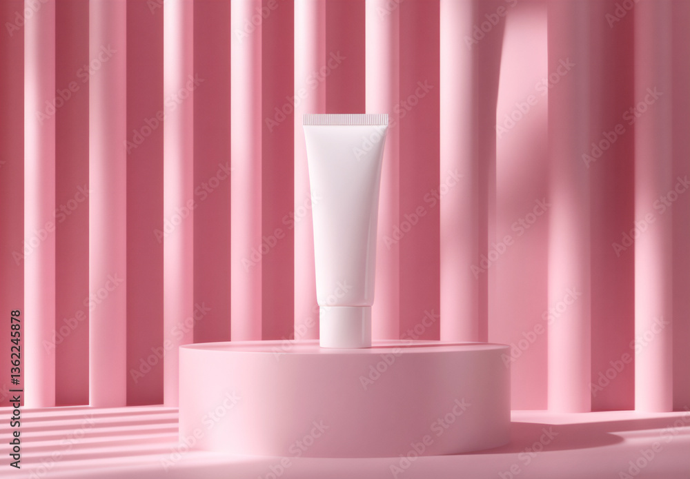 3d render of a white cosmetic tube on a minimalistic podium against a pink background, with soft shadow and lighting, high-resolution photography. 3d render of a white cosmetic tube on a minimalistic podium against a pink background, with soft shadow and lighting, high-resolution photography.