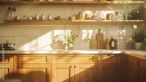 Cozy kitchen interior with wooden shelves, sunlight casting shadows, plants, and cooking items