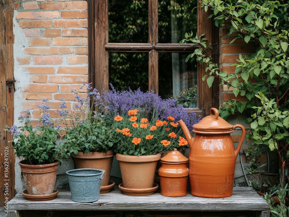 Clay pots arranged on rustic brick background with tools and gardening materials in sunny outdoor patio environment with terracotta tones and warm shadows Clay pots arranged on rustic brick background with tools and gardening materials in sunny outdoor patio environment with terracotta tones and warm shadows