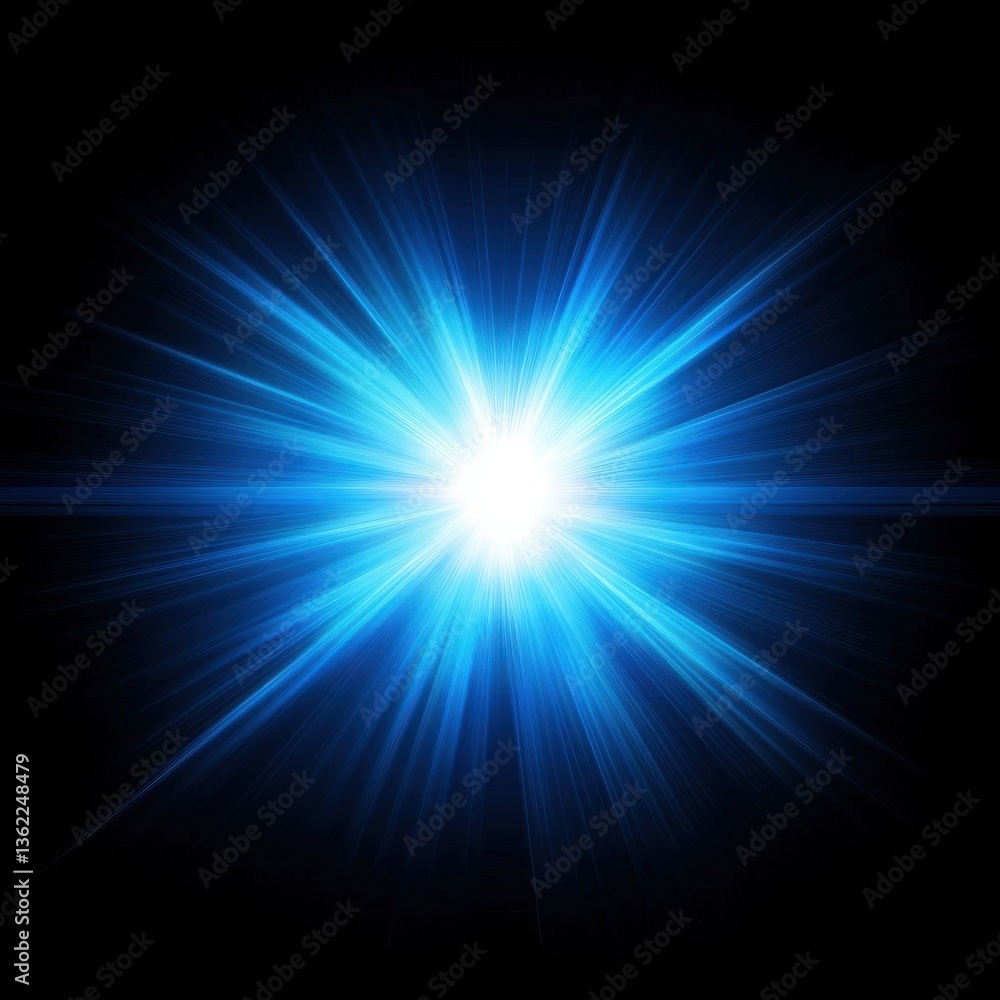 A bright blue starburst of light rays glows across an abstract blue space A bright blue starburst of light rays glows across an abstract blue space