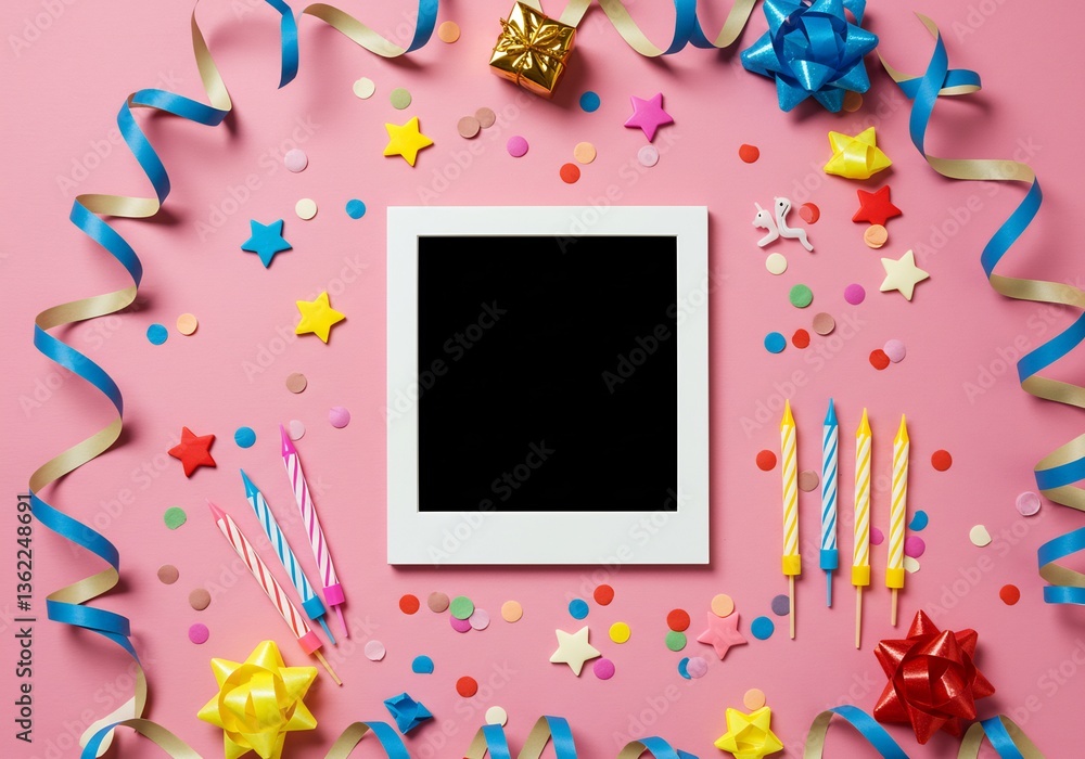 Blank photo frame surrounded by vibrant birthday confetti and candles. AI Generated Blank photo frame surrounded by vibrant birthday confetti and candles. AI Generated