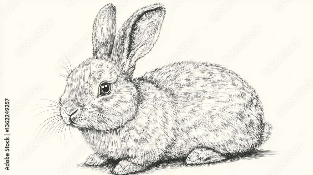 Hand-drawn black and white sketch of a cute bunny rabbit with detailed fur and expressive ears. Perfect for prints, cards, and animal illustrations. illustration Hand-drawn black and white sketch of a cute bunny rabbit with detailed fur and expressive ears. Perfect for prints, cards, and animal illustrations. illustration