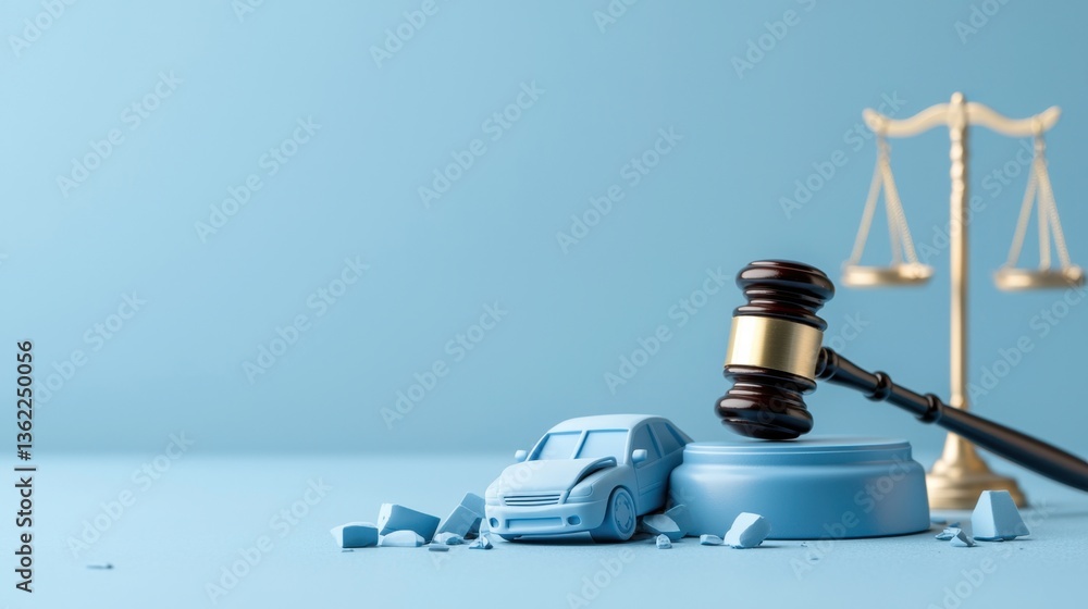 Obraz premium Car accident lawsuit concept, featuring a gavel and an overturned car figure on a legal desk.