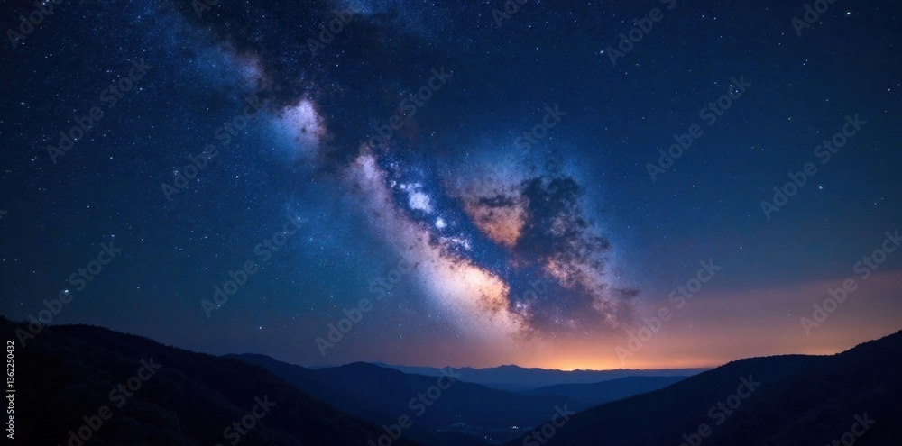 Naklejka premium Dark night sky with numerous stars and a distant galaxy, darkness, cosmic dust, galaxies