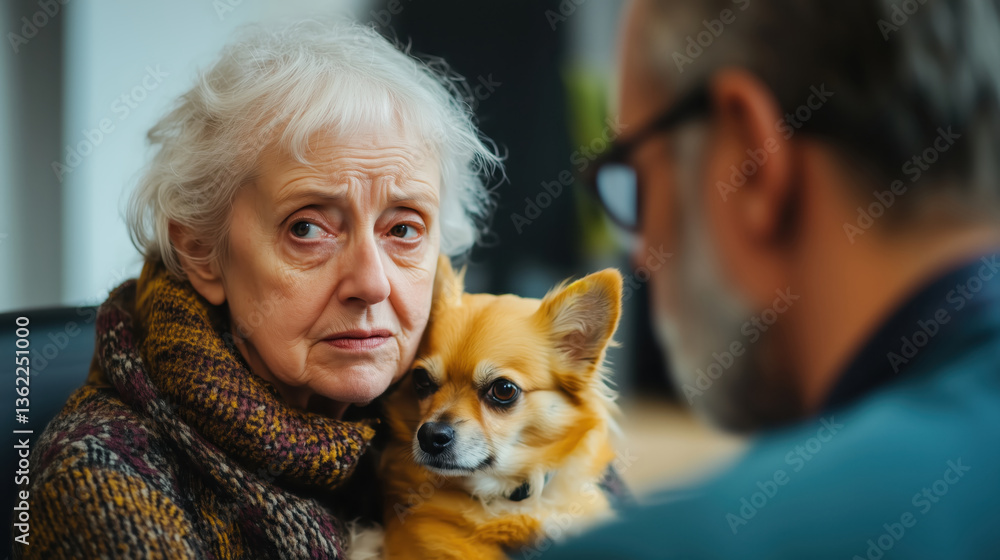 Sad unhappy worried elderly aged old white woman pensionary with a small dog in her arms sitting opposite a civil servant discussing pension issues in the office or vet on blurred background Sad unhappy worried elderly aged old white woman pensionary with a small dog in her arms sitting opposite a civil servant discussing pension issues in the office or vet on blurred background