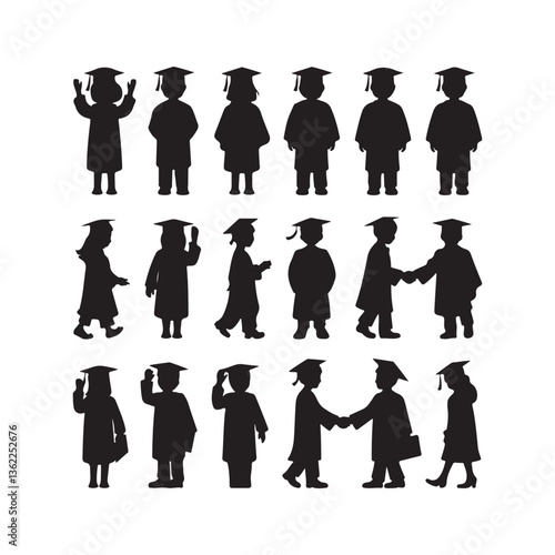  set of vector graduation hat with diploma, Education cap, Graduation student black cap with academic degree certificate silhouettes