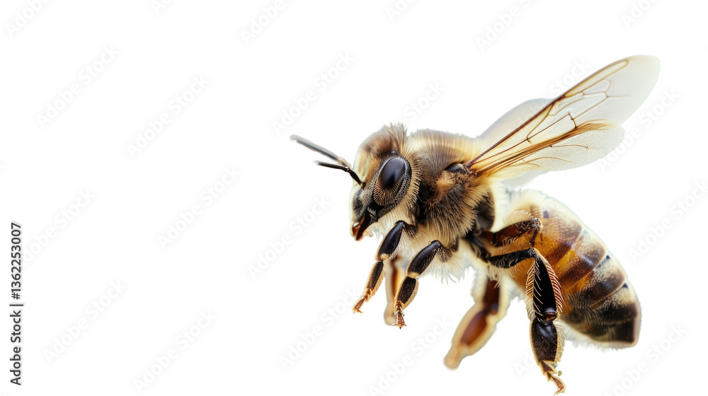 Golden Bee's Aerial Dance: The image features a close-up of a bee in flight, displaying intricate details of its wings and body, emphasizing its vital role in the environment. Golden Bee's Aerial Dance: The image features a close-up of a bee in flight, displaying intricate details of its wings and body, emphasizing its vital role in the environment.