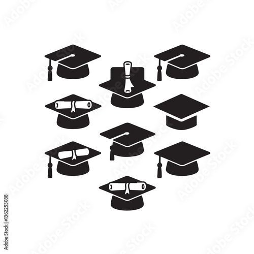  set of vector graduation hat with diploma, Education cap, Graduation student black cap with academic degree certificate silhouettes