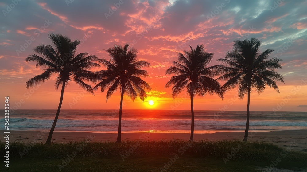 Spectacular Sunset on Tropical Beach with Palm Trees Spectacular Sunset on Tropical Beach with Palm Trees