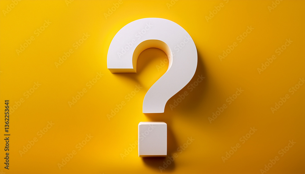 Minimalist 3D question mark on bright yellow backdrop. FAQ and QA. Problem solution. Minimalist 3D question mark on bright yellow backdrop. FAQ and QA. Problem solution.