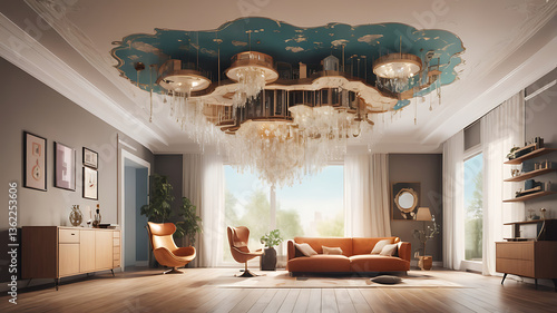 Upside down house interior with furniture 