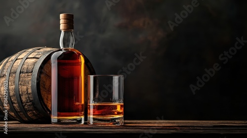 Wallpaper Mural Close-up of a premium whiskey bottle with a filled glass, placed beside an aged wooden barrel in a dimly lit setting. Torontodigital.ca