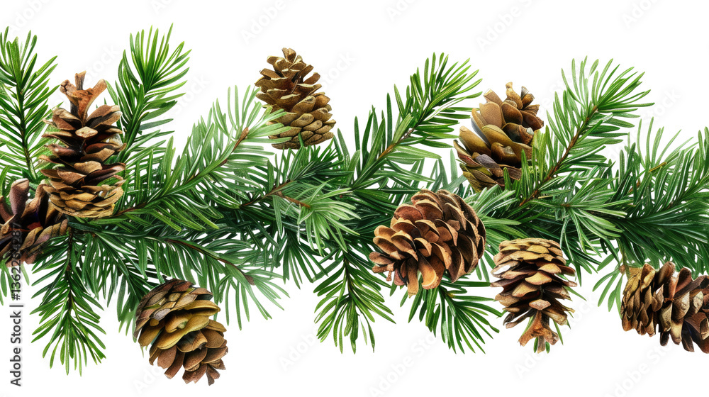 Fototapeta premium Festive Garland: A decorative display of pine cones and evergreen branches, perfect for holiday-themed designs, capturing the spirit of seasonal cheer and natural beauty.