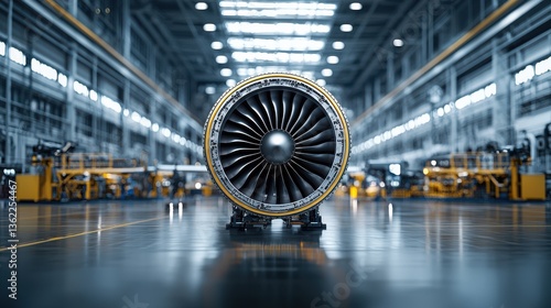 Massive industrial jet engine with intricate turbine blades showcased in a modern aircraft manufacturing facility or workshop