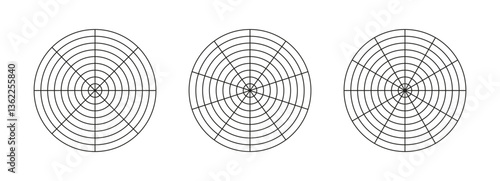 Set of wheel of life. Coaching tool for visualising all areas of life. Circle diagram, life style balance. Black polar grid with 8, 10, 12 segments and 8 concentric circles. Blank of polar graph paper