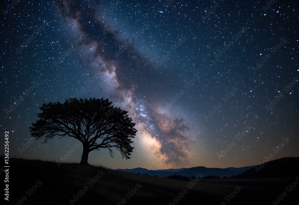 Fototapeta premium A Lone Tree Silhouetted Against a Starry Night Sky with the Milky Way