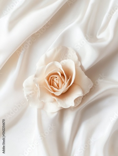 Beige rose on a white silk background with ample copy space, Beige rose on white silk background with ample space for text