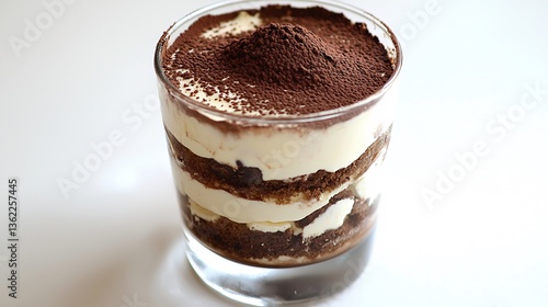 Classic tiramisu a glass with cocoa dusting on top