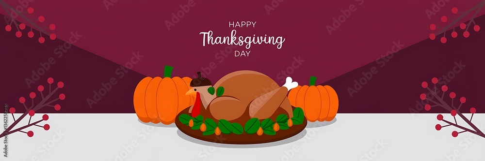 Festive Thanksgiving scene with a roasted turkey adorned with an acorn surrounded by green leaves two pumpkins and 'Happy Thanksgiving Day' text on a maroon background with red berries in the corner Festive Thanksgiving scene with a roasted turkey adorned with an acorn surrounded by green leaves two pumpkins and 'Happy Thanksgiving Day' text on a maroon background with red berries in the corner