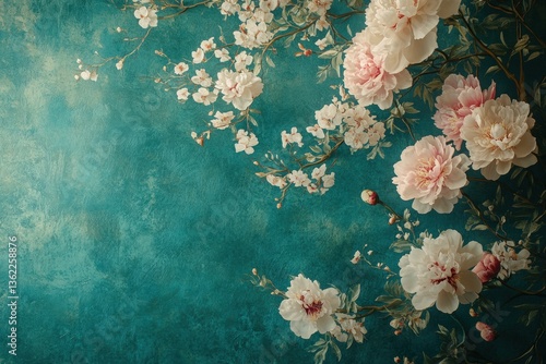 Fototapeta Naklejka Na Ścianę i Meble -  Floral background wallpaper featuring soft pink peonies on a vibrant teal backdrop, perfect for adding elegance and charm to any space, floral design concept