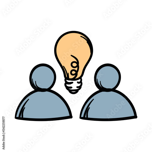 Brainstorming. Idea. Two people and a lamp. A simple vector hand-drawn icon for the design of a website, application, flyer. Illustration isolated on white background