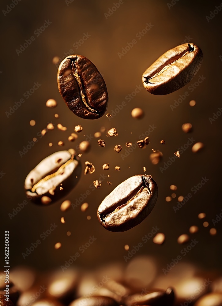 Close up shot of flying roasted coffee beans and granules Close up shot of flying roasted coffee beans and granules