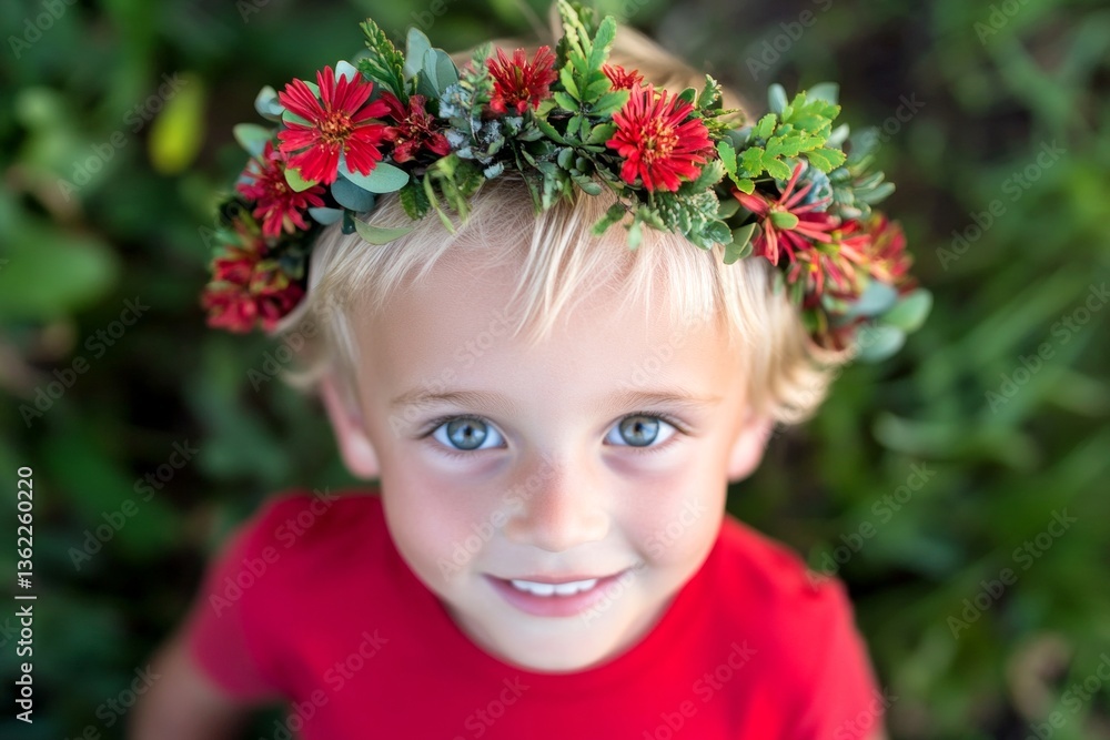 Happy summertime holidays pattern. Dawn light. Happy caucasian toddler boy with blond hair wearing red flower circlet on his head. Young boy celebrating holidays. Young adventurer in summer. Happy summertime holidays pattern. Dawn light. Happy caucasian toddler boy with blond hair wearing red flower circlet on his head. Young boy celebrating holidays. Young adventurer in summer.
