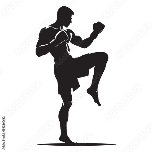 Precision Kickboxer silhouette, mastering the art of the spinning kick - Martial Arts illustration - Minimalist Kickboxer vector - Champion silhouette

