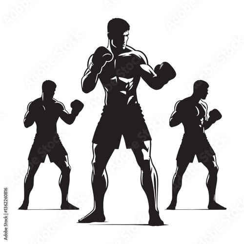 Focused Kickboxer silhouette, preparing for a decisive strike - Martial Arts illustration - Minimalist Kickboxer vector - Fighter silhouette


