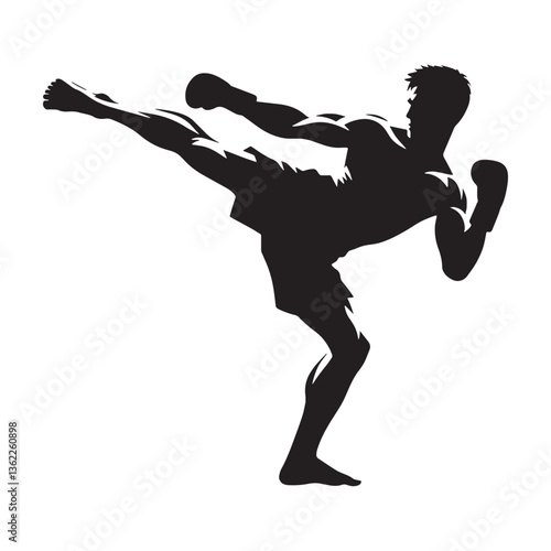 Skilled Kickboxer silhouette, throwing a devastating uppercut - Martial Arts illustration - Minimalist Kickboxer vector - Champion silhouette


