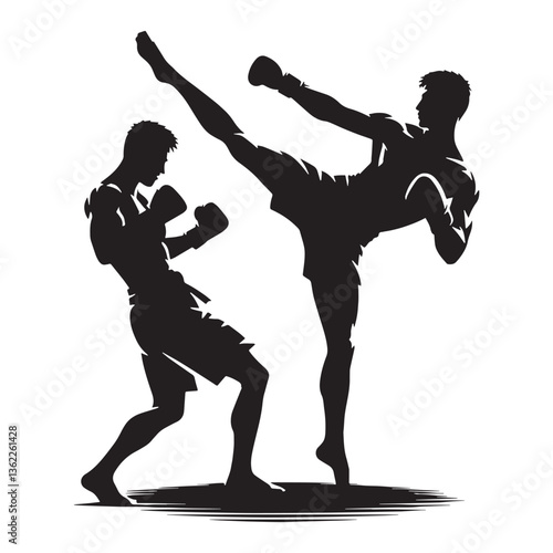 Dynamic Kickboxer silhouette, delivering a fierce roundhouse kick - Martial Arts illustration - Minimalist Kickboxer vector - Combat silhouette

