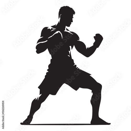 Strong Kickboxer silhouette, landing a powerful knee strike - Martial Arts illustration - Minimalist Kickboxer vector - Athlete silhouette

