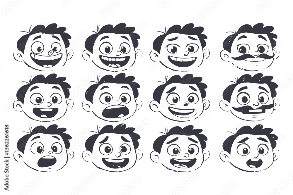 A Whimsical Collection of Funny Cartoon Faces: Expressive Characters Displaying a Variety of Emotions. A Whimsical Collection of Funny Cartoon Faces: Expressive Characters Displaying a Variety of Emotions.