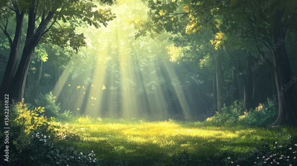 Obraz premium Tranquil forest glade bathed in morning sunlight illustration